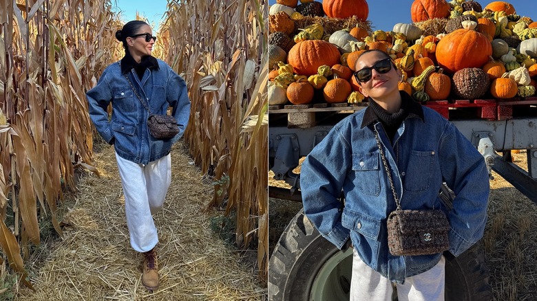 Une image côte à côte de l'influenceuse de style Alexandra Pereira dans un champ de citrouilles