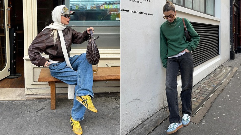G : L'influenceuse mode Klaudia Paris est assise sur un banc et pose pour une photo avec des baskets Onitsuka Tiger / R : L'influenceuse mode Charlotte Olivia s'appuie contre un mur et porte un sweat-shirt vert Champions, un jean noir et des baskets Adidas bleues.
