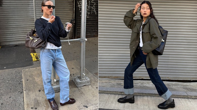 Images d'influenceurs de style coiffant des mocassins avec des chaussettes longues et un jean à revers