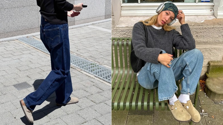 Une image de la moitié inférieure de la photo de tenue d'un influenceur de style montrant un jean Levi's bleu foncé et des sabots Birkenstock Boston