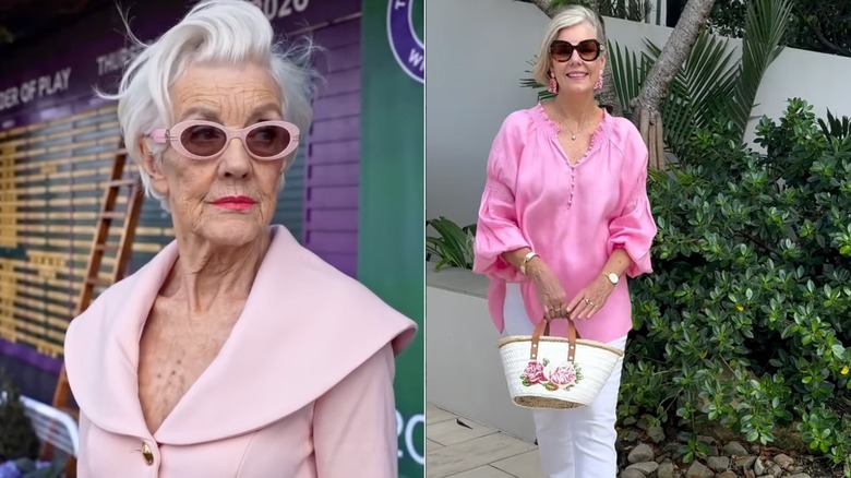 Une femme portant des lunettes de soleil roses et une veste sur Instagram et une autre femme portant une chemise rose et un pantalon blanc.