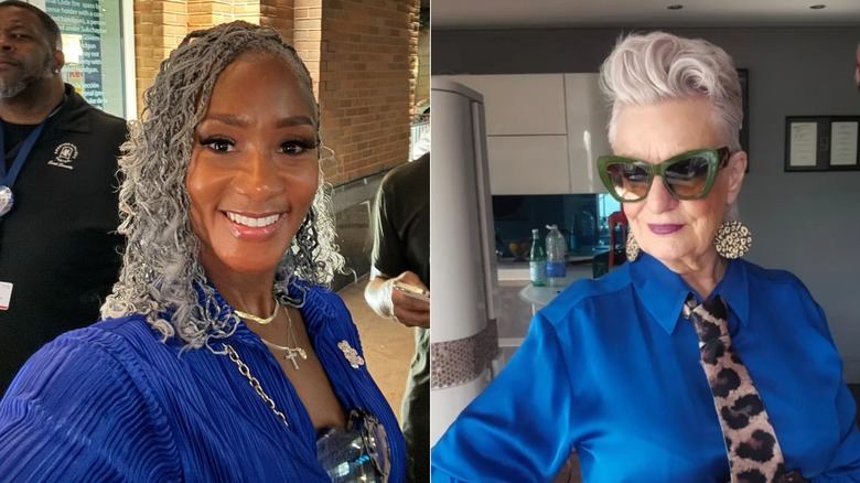 Deux femmes sur Instagram aux cheveux gris portant différents styles de bleu cobalt.