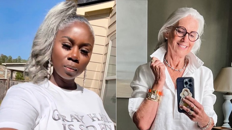 Deux femmes sur Instagram aux cheveux gris portant des chemises blanches.
