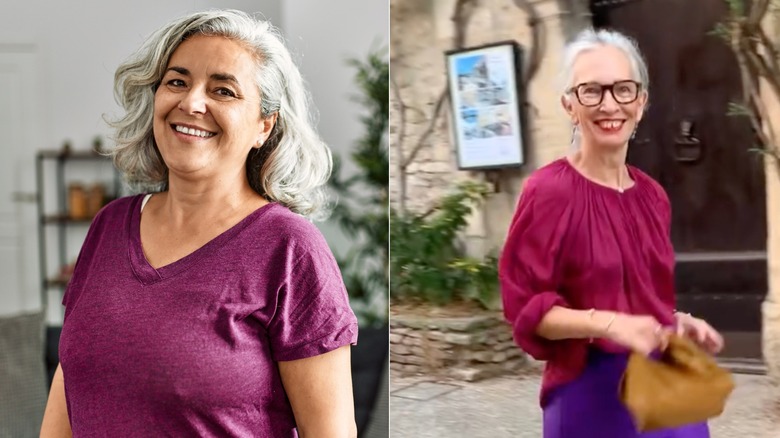 Deux femmes aux cheveux gris dans différentes nuances de hauts prune