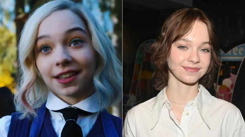 Emma Myers dans son personnage sur Netflix "Mercredi" et dans la vraie vie lors d'un événement