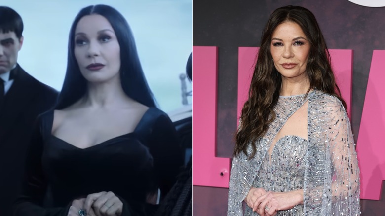 Catherine Zeta Jones dans son personnage sur Netflix "Mercredi" et dans la vraie vie dans une robe argentée