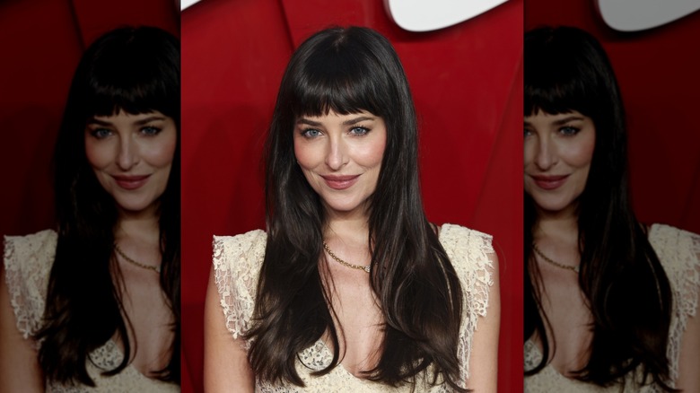 Dakota Johnson porte une robe en dentelle avec de longues couches marron et une frange