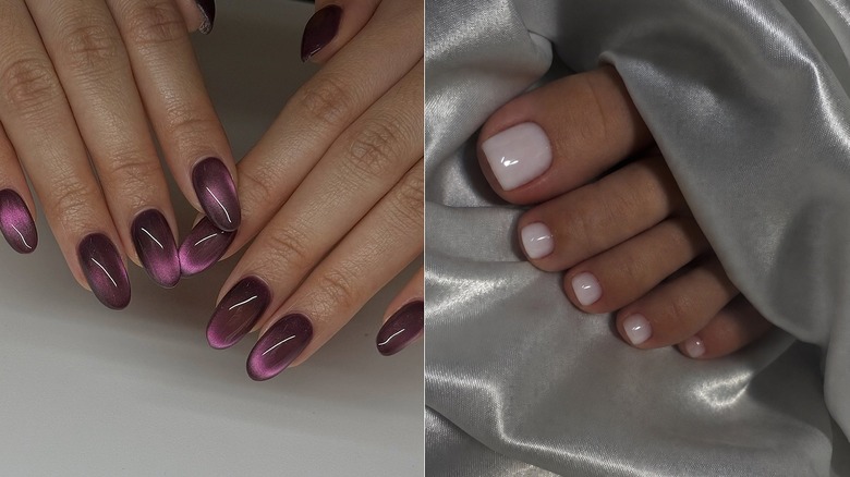 L : Un gros plan d’une manucure œil de chat en gel prune foncé / R : Un gros plan d’une pédicure en gel blanc laiteux