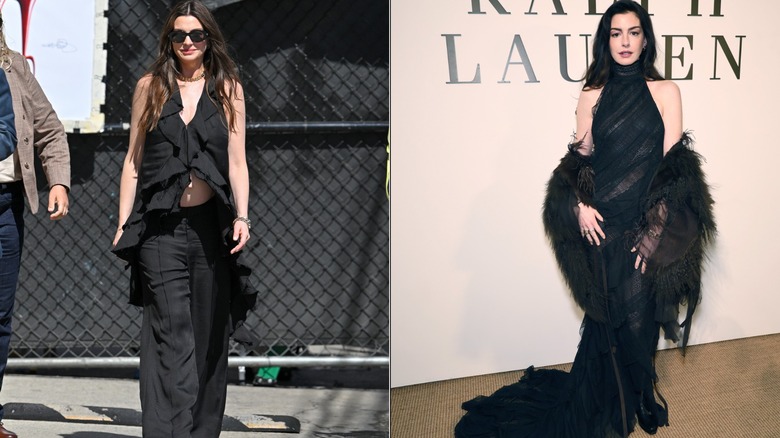 Anne Hathaway en deux tenues noires en 2026, photos côte à côte